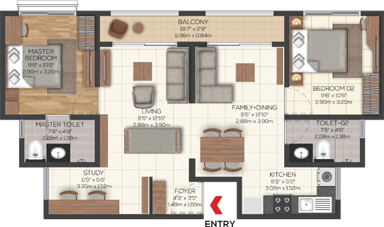 Brigade Valencia 2 BHK 2T STUDY - TYPE 1