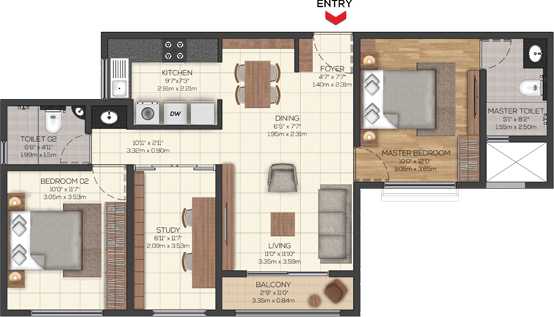 Brigade Valencia 2 BHK 2T STUDY - TYPE 2A